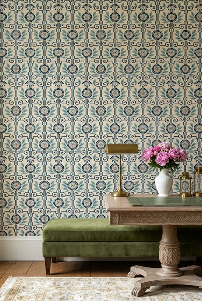 Mediterranean Floral Wallpaper Navy Scrollwork On Cream