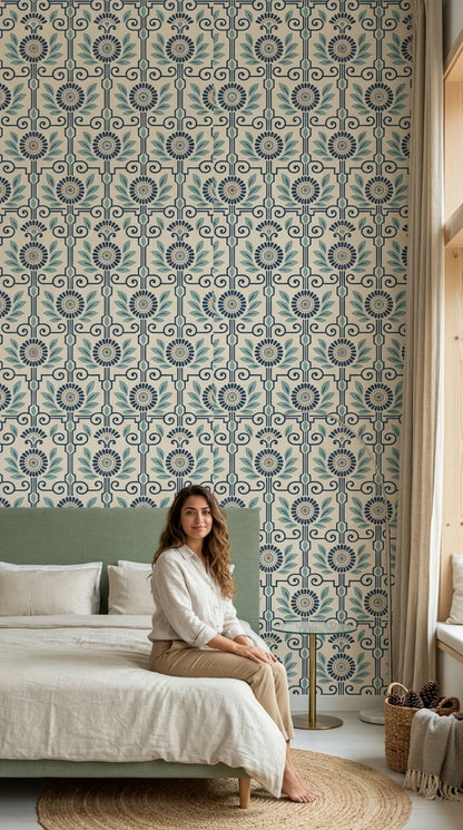 Mediterranean Floral Wallpaper Navy Scrollwork On Cream
