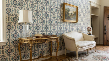 Mediterranean Floral Wallpaper Navy Scrollwork On Cream