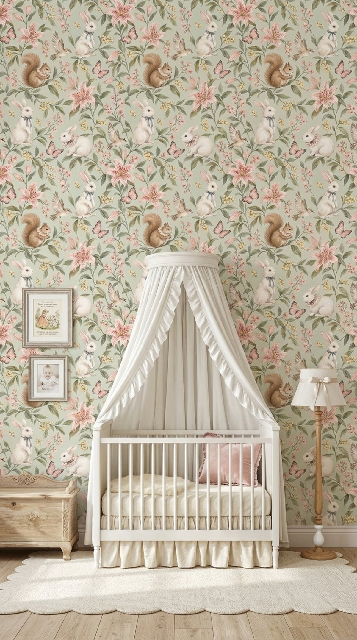 Woodland Rabbits Wallpaper Watercolor Sage Green