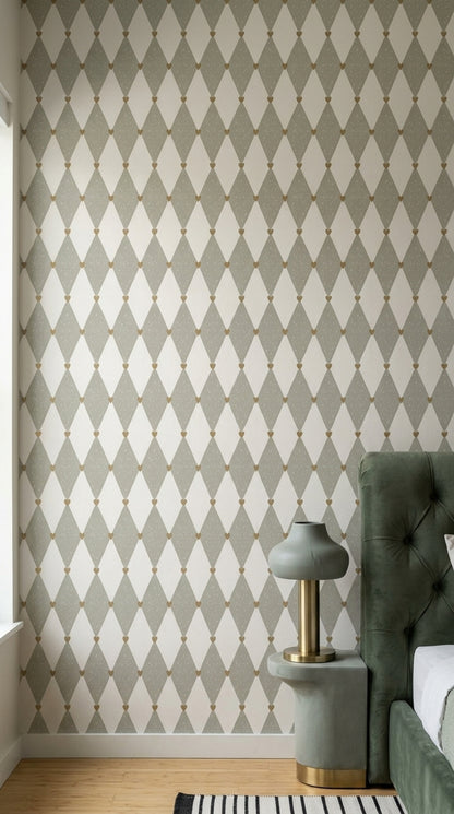Heart Argyle Wallpaper Speckled Ivory Sage Gray And Gold