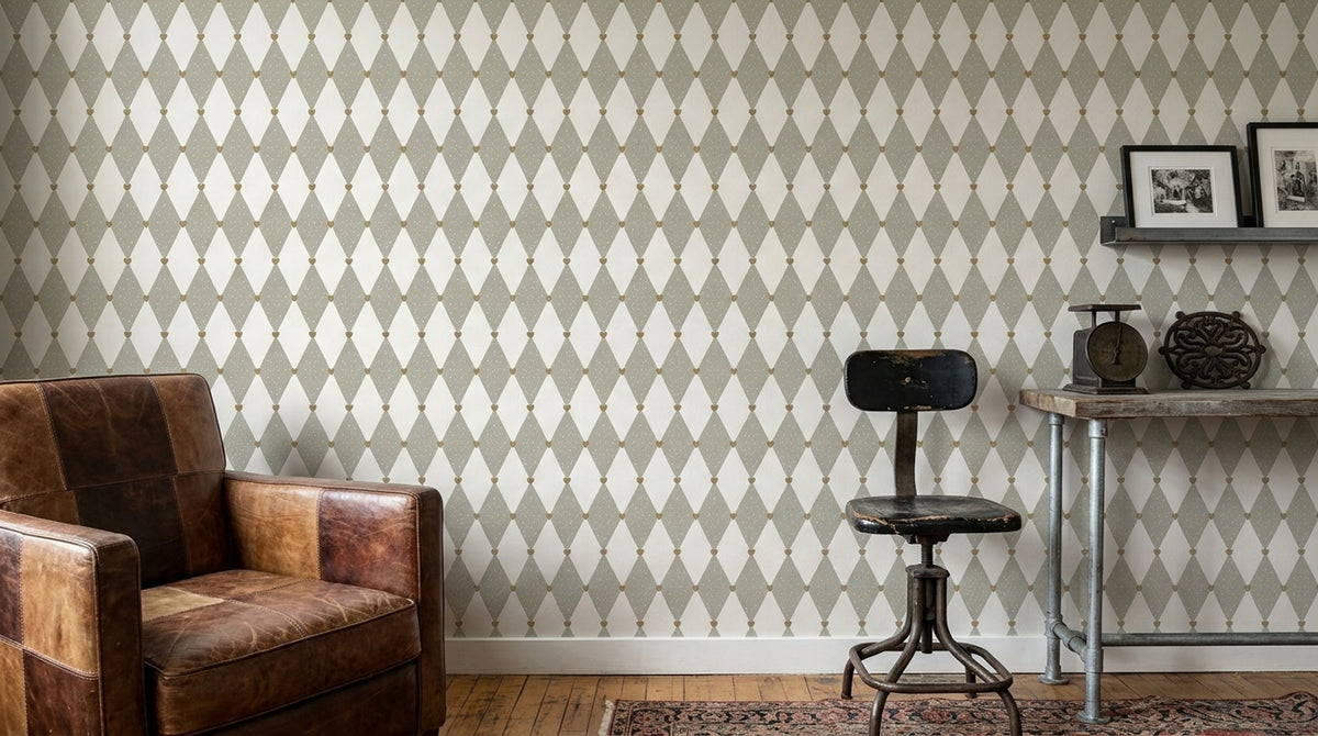 Heart Argyle Wallpaper Speckled Ivory Sage Gray And Gold