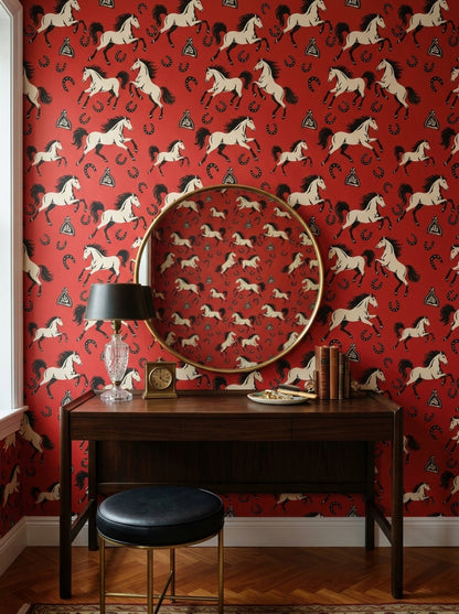 White Horse Wallpaper Vintage Western Red Background