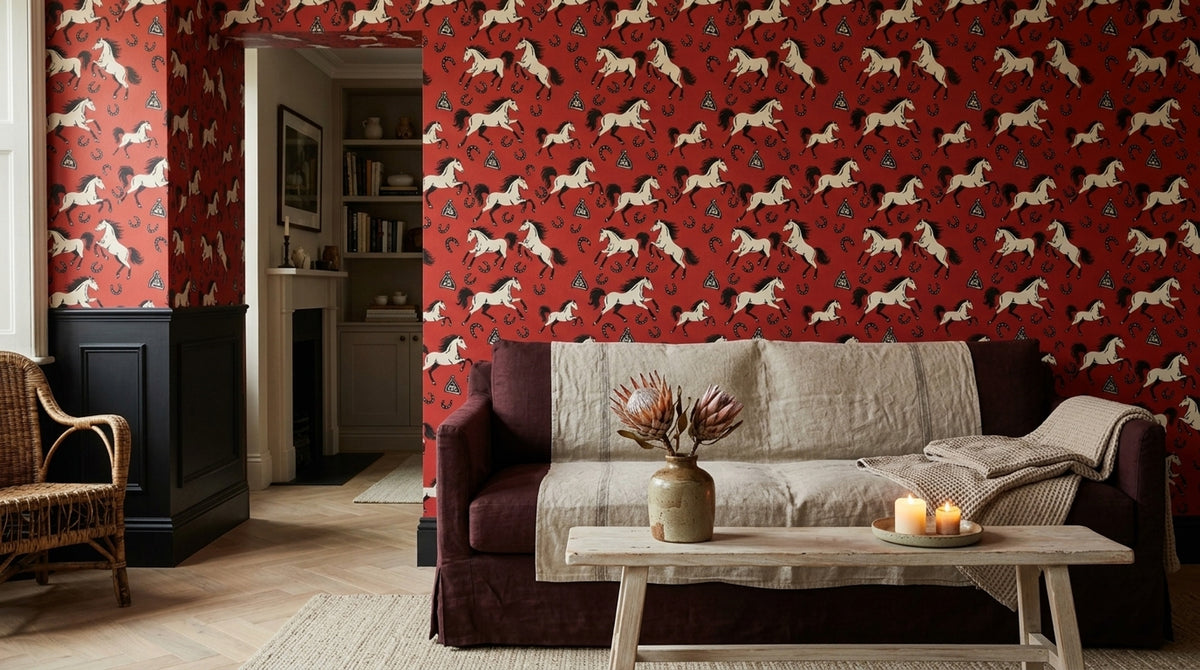 White Horse Wallpaper Vintage Western Red Background