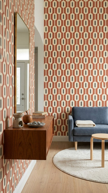 Chain Link Oval Wallpaper Terracotta Mid Century Modern Geometric