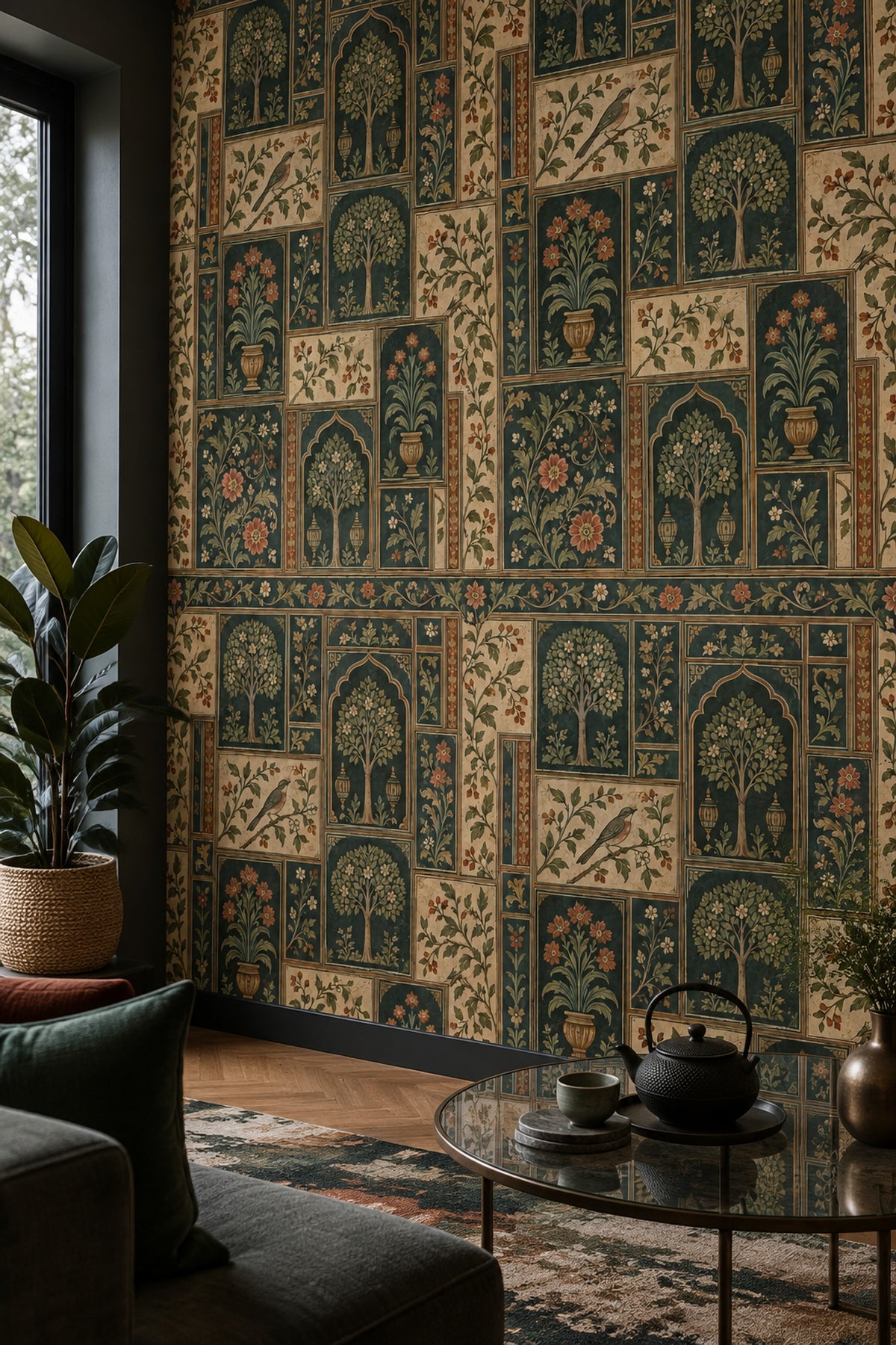 Chinoiserie Garden Panels Wallpaper Teal Green Cream Paper Texture