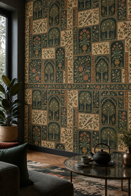 Chinoiserie Garden Panels Wallpaper Teal Green Cream Paper Texture