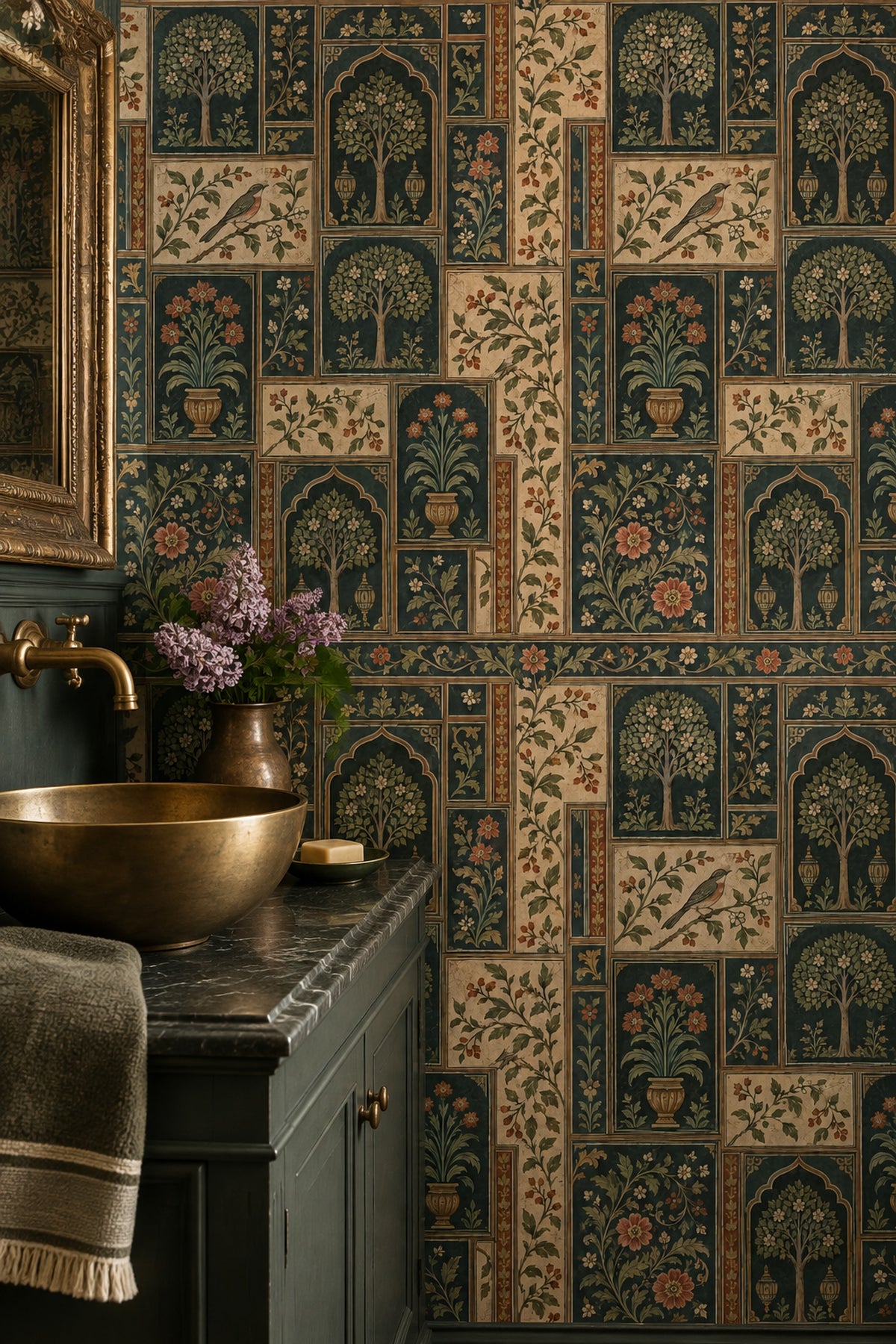 Chinoiserie Garden Panels Wallpaper Teal Green Cream Paper Texture