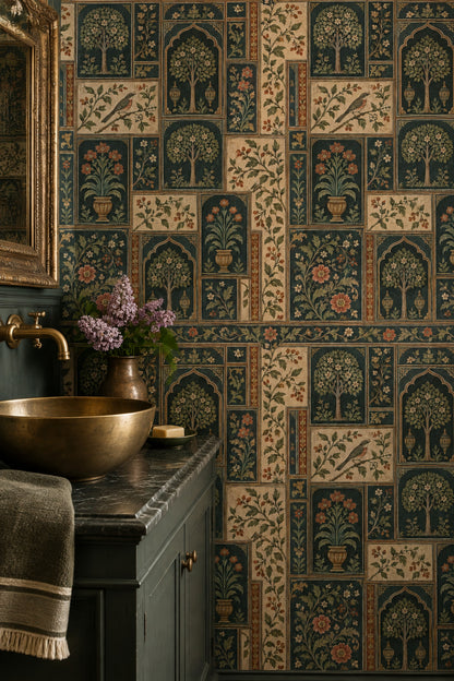Chinoiserie Garden Panels Wallpaper Teal Green Cream Paper Texture