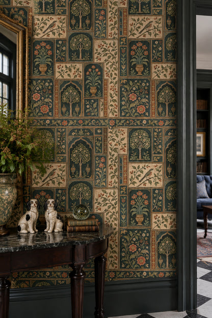 Chinoiserie Garden Panels Wallpaper Teal Green Cream Paper Texture