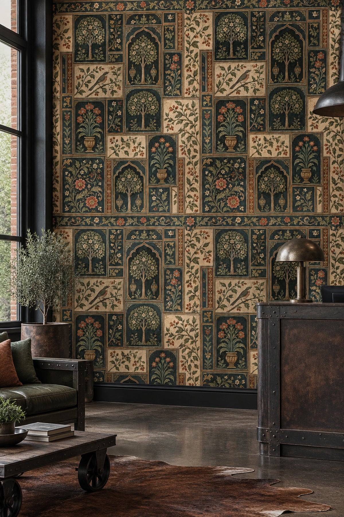 Chinoiserie Garden Panels Wallpaper Teal Green Cream Paper Texture
