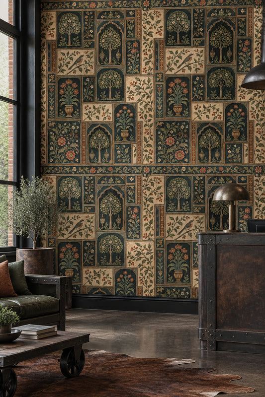 Chinoiserie Garden Panels Wallpaper Teal Green Cream Paper Texture