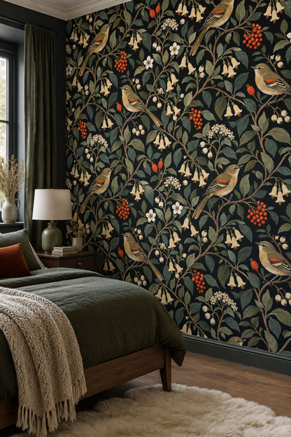 Birds And Vine Branches Wallpaper Muted Green Botanical