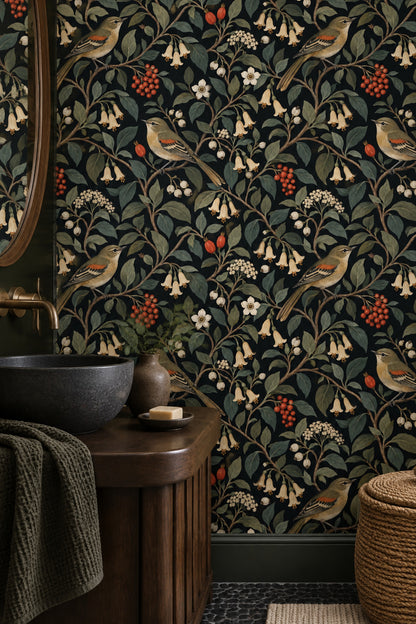 Birds And Vine Branches Wallpaper Muted Green Botanical