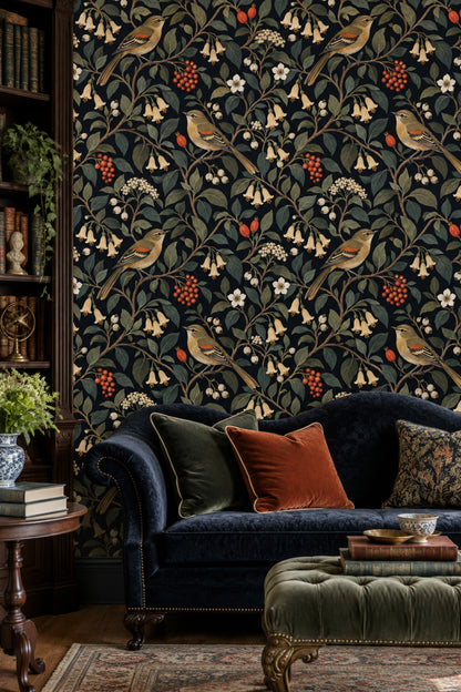 Birds And Vine Branches Wallpaper Muted Green Botanical