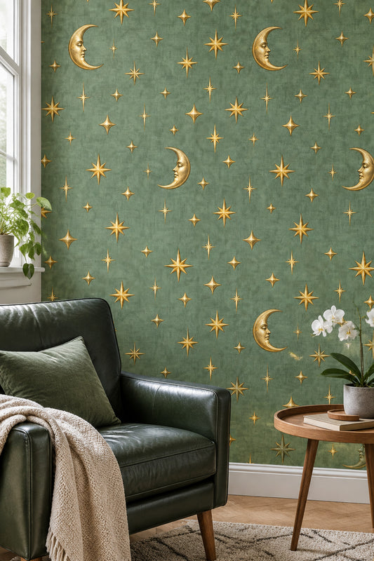 Gold Moon And Starburst Wallpaper Sage Green Celestial Pattern