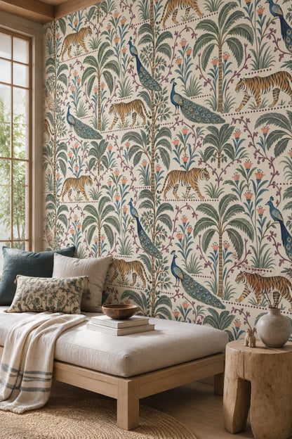 Tiger And Peacock Wallpaper Tropical Botanical Pattern Cream Background
