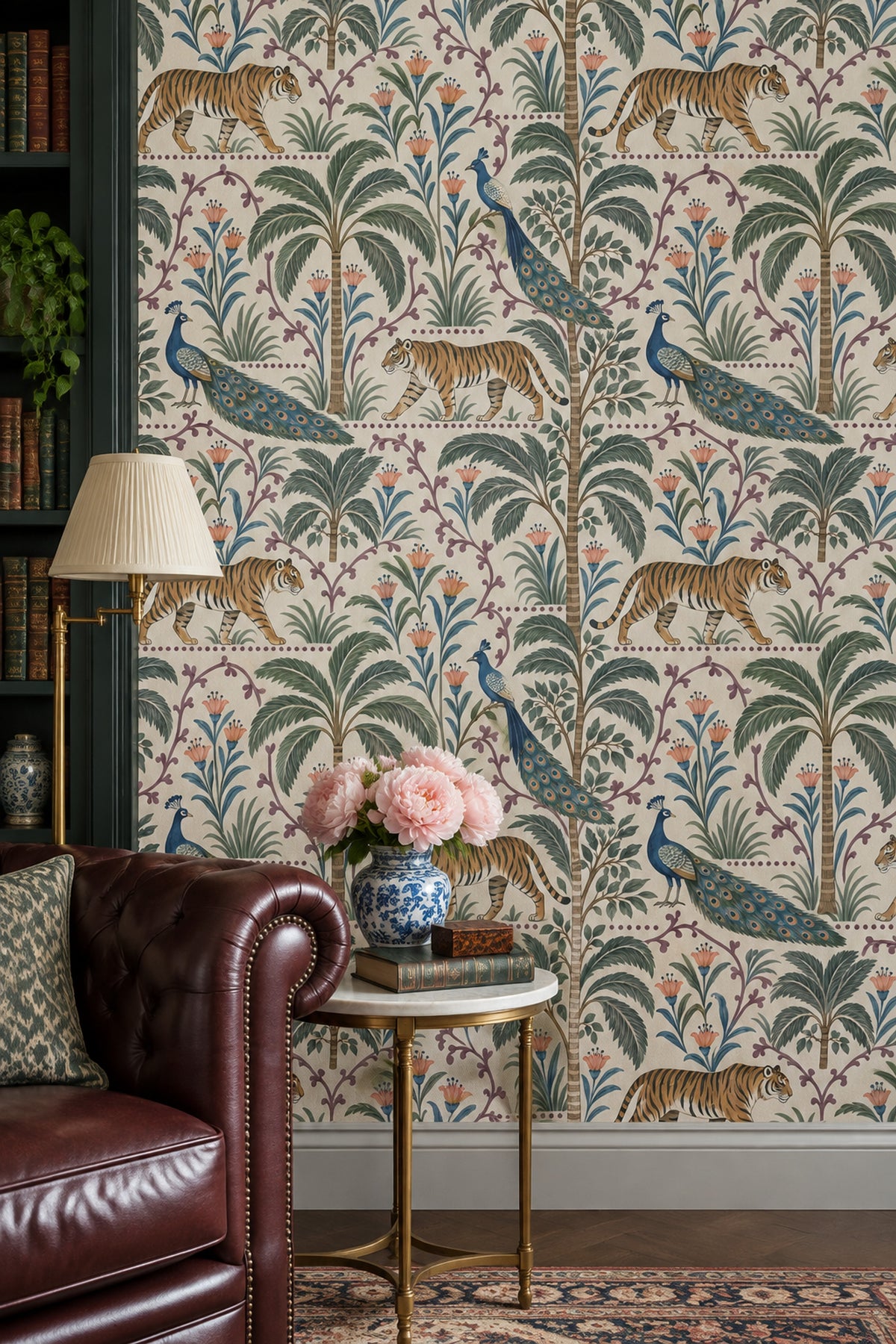 Tiger And Peacock Wallpaper Tropical Botanical Pattern Cream Background
