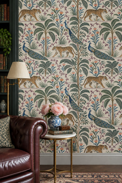 Tiger And Peacock Wallpaper Tropical Botanical Pattern Cream Background