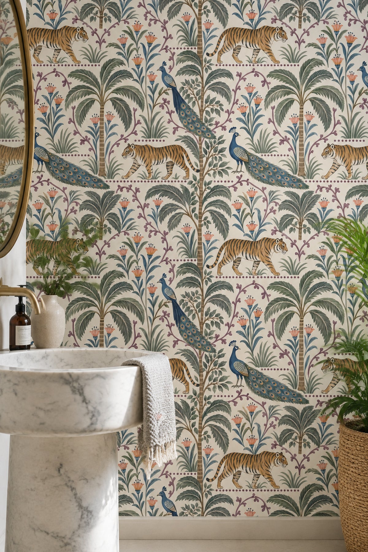 Tiger And Peacock Wallpaper Tropical Botanical Pattern Cream Background