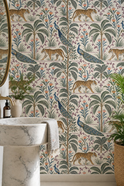 Tiger And Peacock Wallpaper Tropical Botanical Pattern Cream Background
