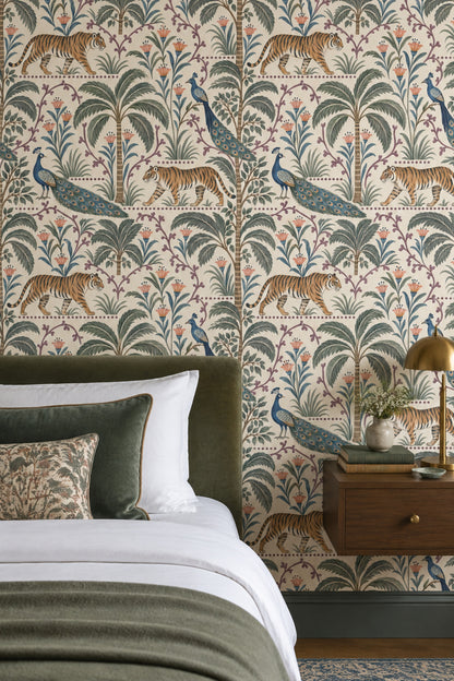 Tiger And Peacock Wallpaper Tropical Botanical Pattern Cream Background