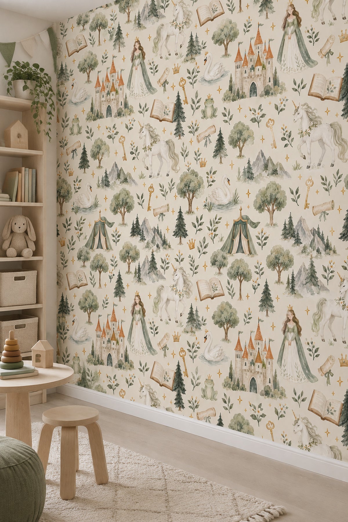 Princess Castle Unicorn Wallpaper Watercolor Cream Sage Pattern