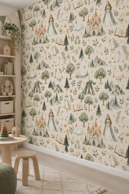 Princess Castle Unicorn Wallpaper Watercolor Cream Sage Pattern