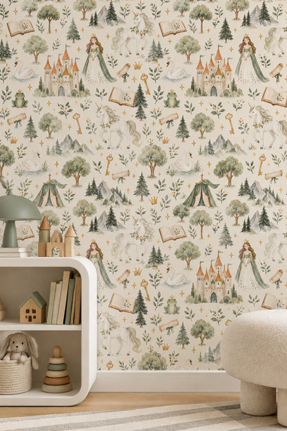 Princess Castle Unicorn Wallpaper Watercolor Cream Sage Pattern