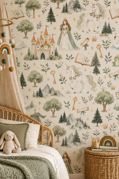 Princess Castle Unicorn Wallpaper Watercolor Cream Sage Pattern
