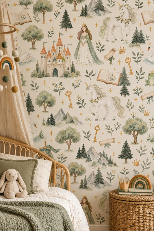 Princess Castle Unicorn Wallpaper Watercolor Cream Sage Pattern