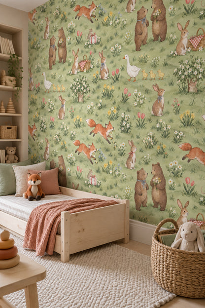Woodland Animals Wallpaper Watercolor Meadow Pattern