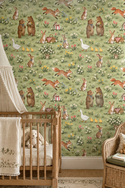 Woodland Animals Wallpaper Watercolor Meadow Pattern