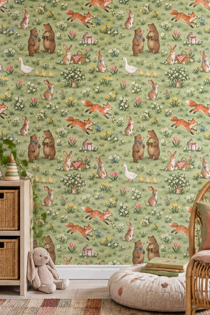 Woodland Animals Wallpaper Watercolor Meadow Pattern