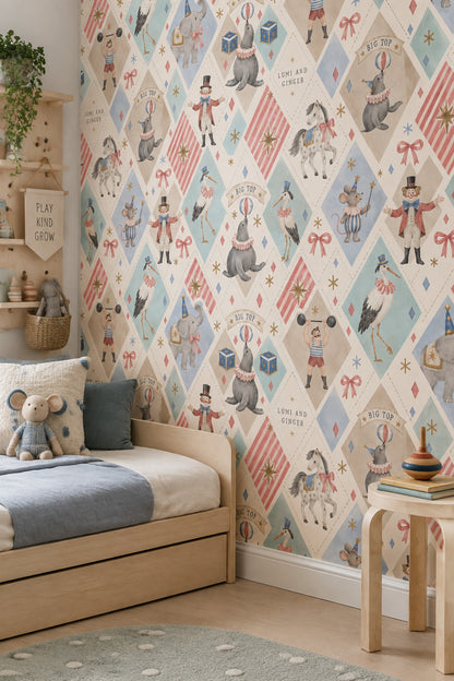 Circus Animals Wallpaper Pastel Argyle Pattern