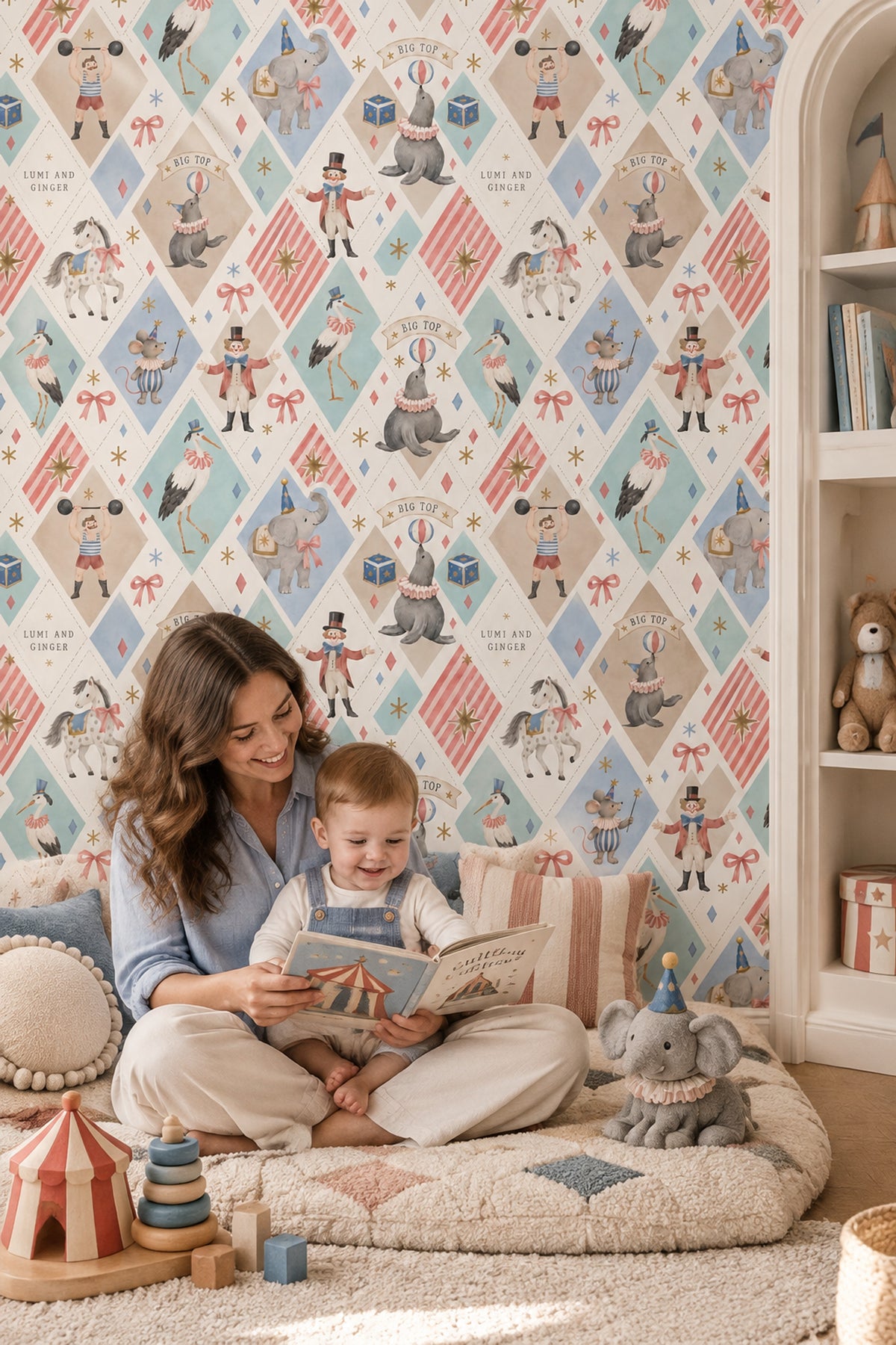 Circus Animals Wallpaper Pastel Argyle Pattern