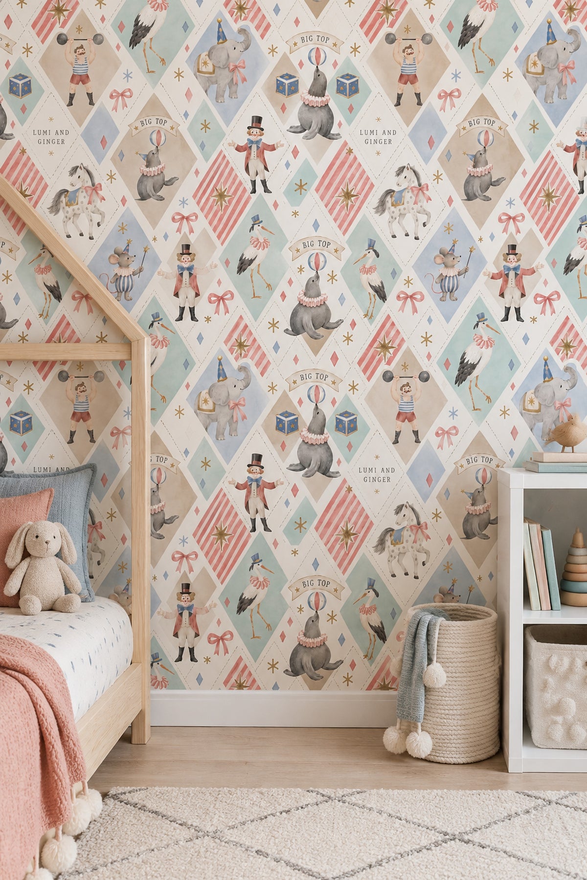 Circus Animals Wallpaper Pastel Argyle Pattern