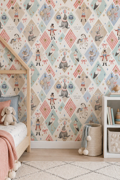 Circus Animals Wallpaper Pastel Argyle Pattern