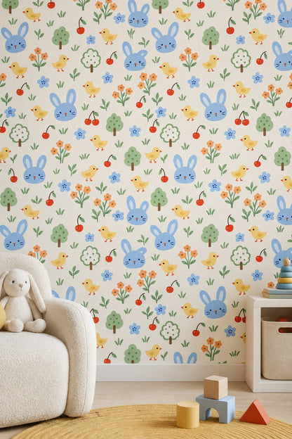 Bunny And Chicks Wallpaper Pastel Garden Pattern