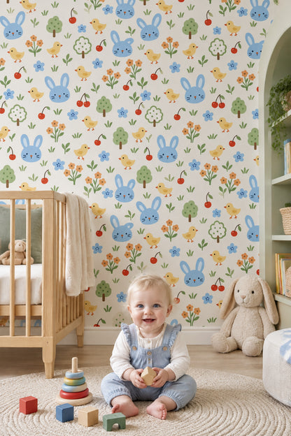 Bunny And Chicks Wallpaper Pastel Garden Pattern