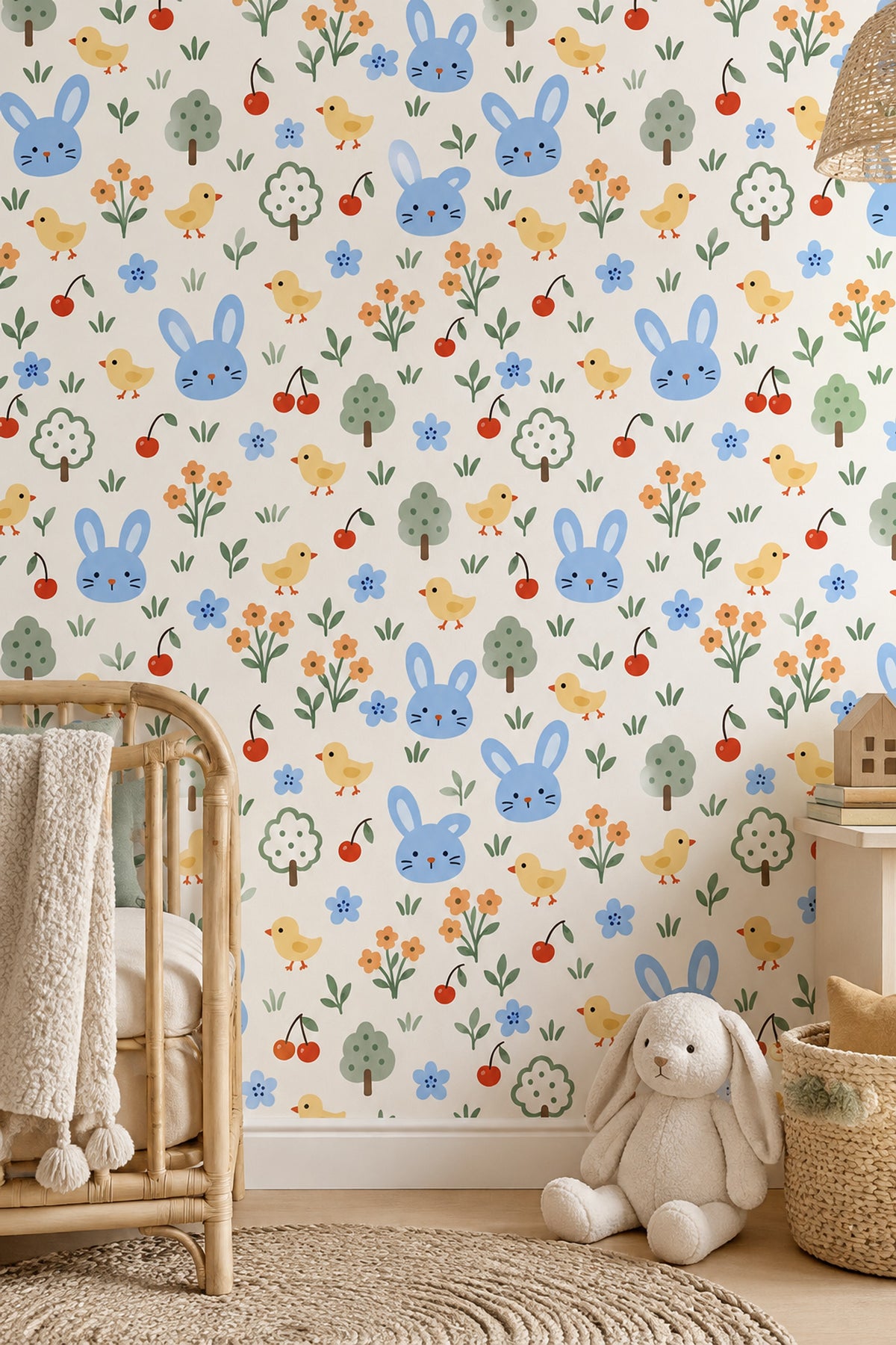 Bunny And Chicks Wallpaper Pastel Garden Pattern