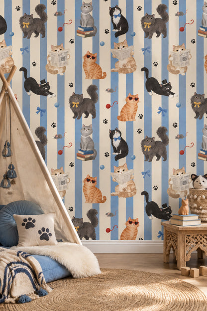 Cats Wallpaper Blue Cream Vertical Stripes