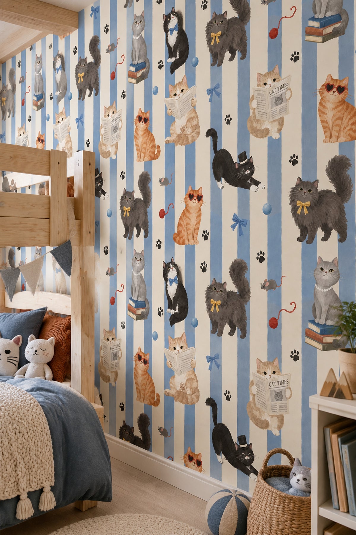 Cats Wallpaper Blue Cream Vertical Stripes