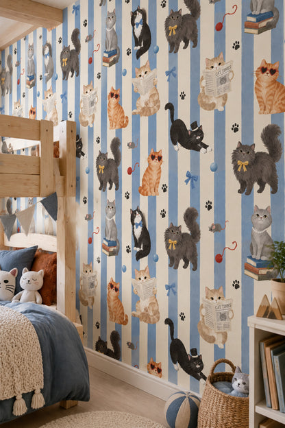 Cats Wallpaper Blue Cream Vertical Stripes