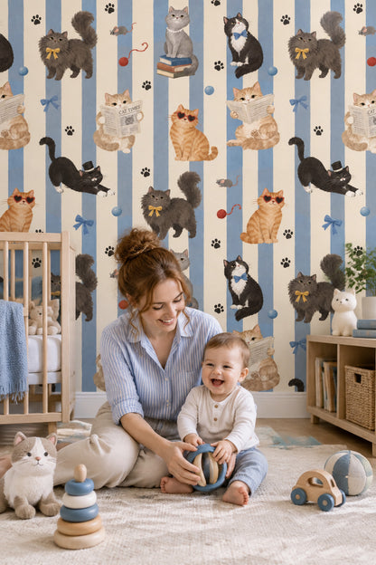 Cats Wallpaper Blue Cream Vertical Stripes