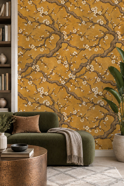 Cherry Blossoms Wallpaper Floral Branches On Gold Background
