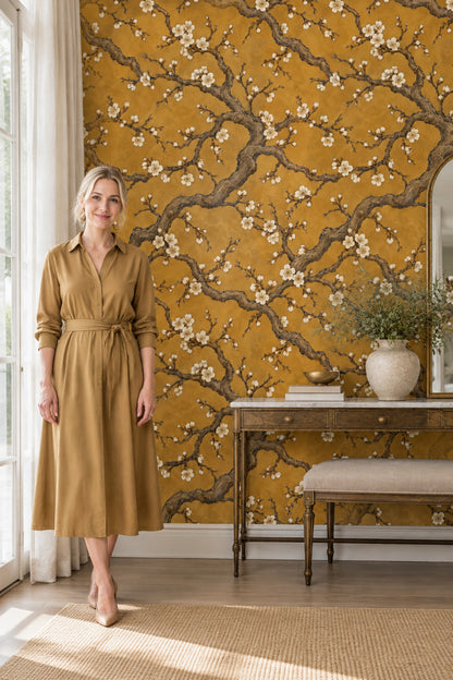 Cherry Blossoms Wallpaper Floral Branches On Gold Background