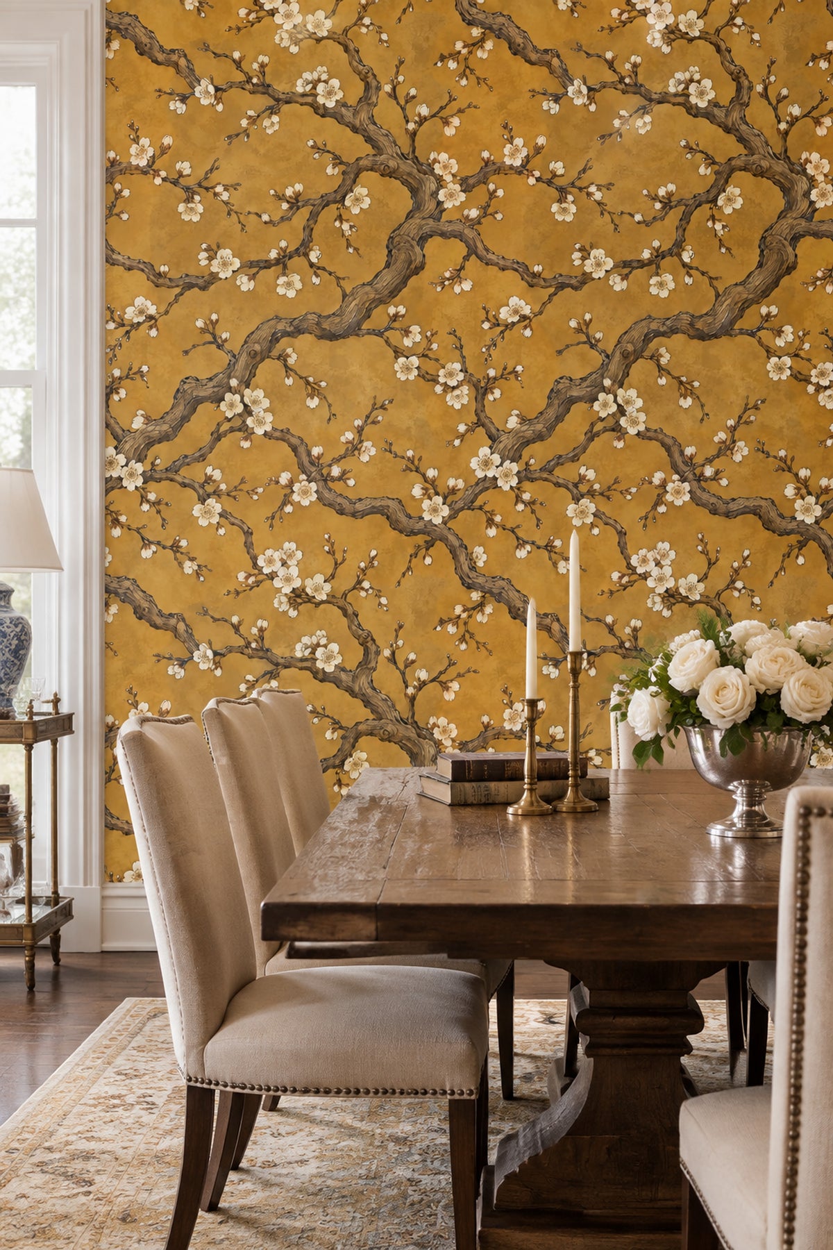 Cherry Blossoms Wallpaper Floral Branches On Gold Background
