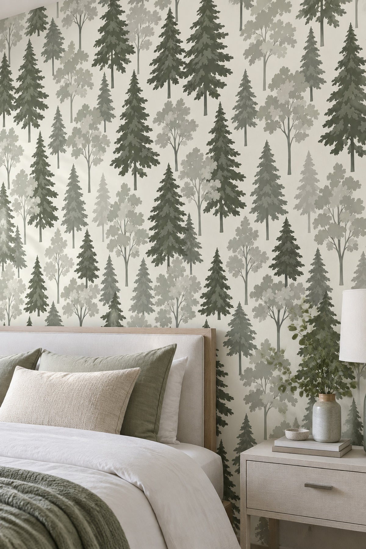 Forest Trees Wallpaper Sage Green Scandinavian Pattern