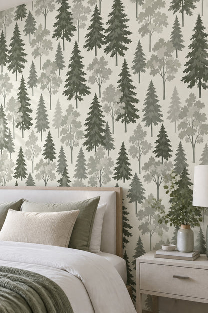 Forest Trees Wallpaper Sage Green Scandinavian Pattern